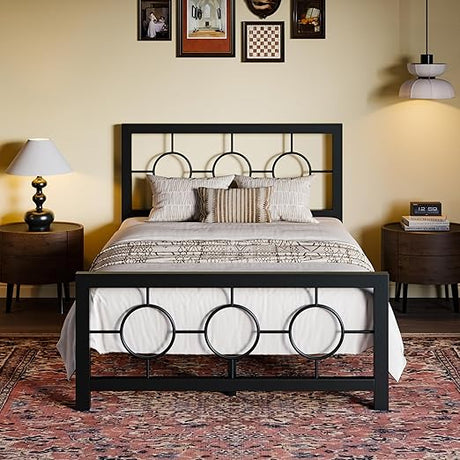 Twin Metal Bed Frame with Vintage Circular Design Headboard and Footboard, No Box