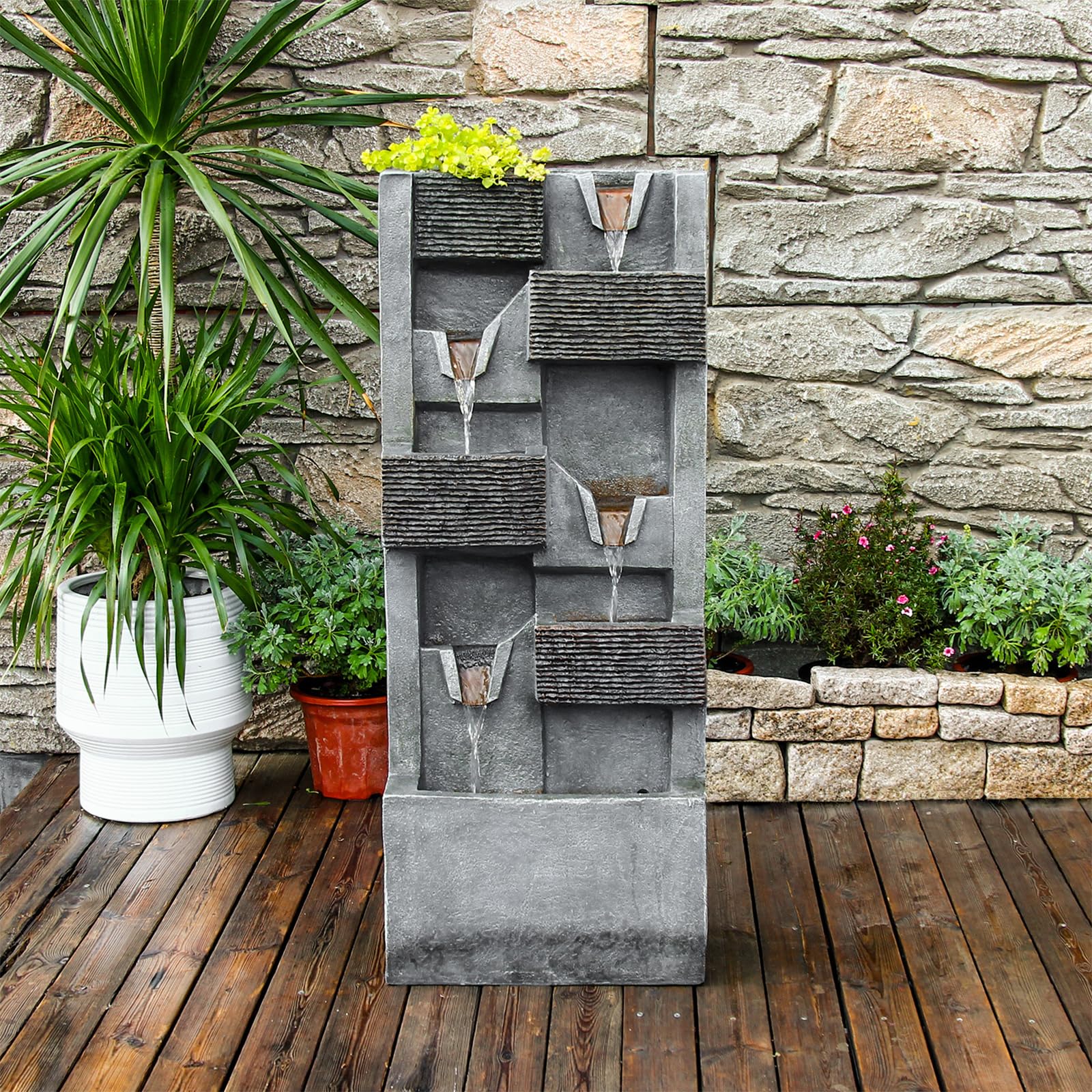 39.96''H Garden Water Fountains Outdoor 5 Tiers Rock Indoor Waterfall Fountain