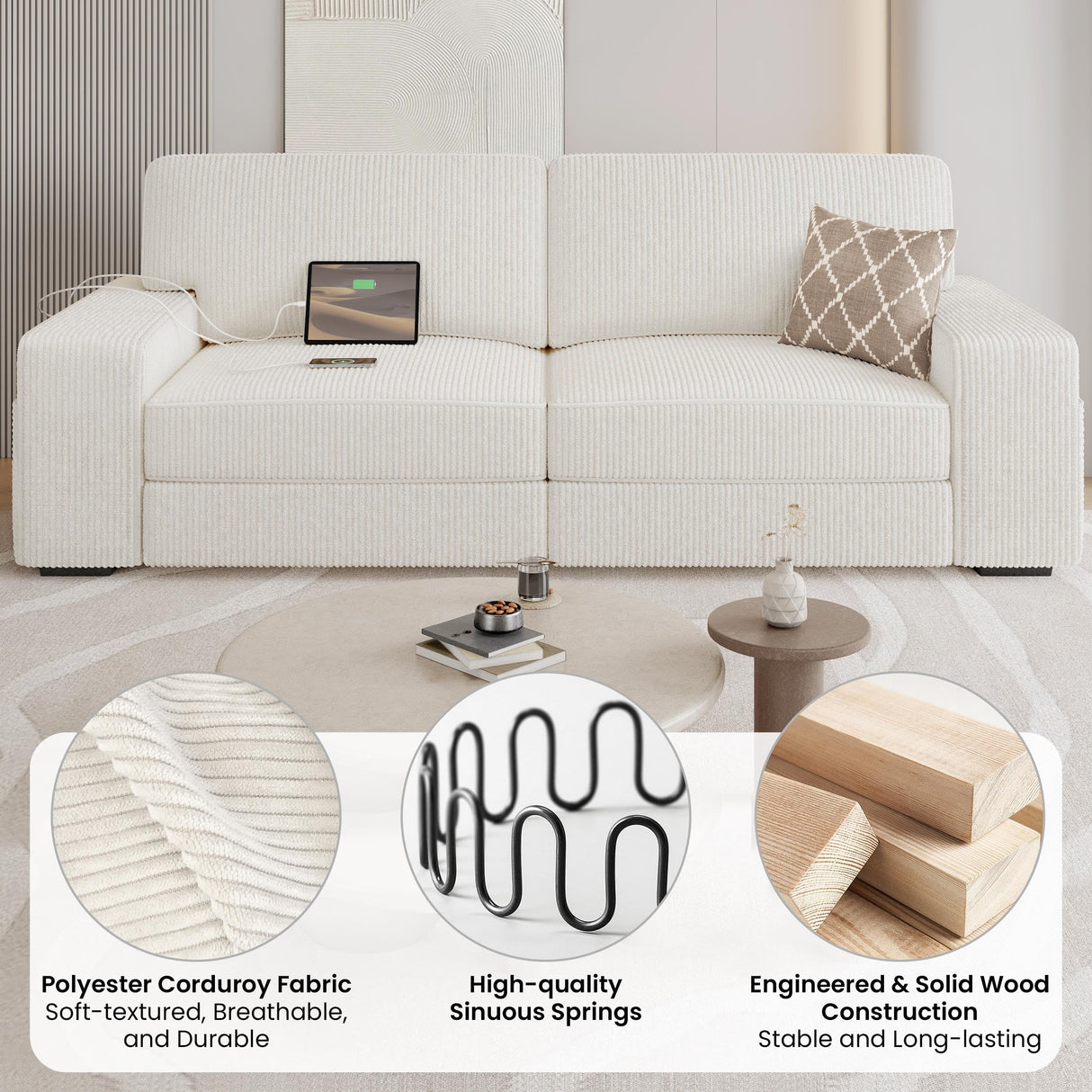 83.5" W Modern Sofa Couch 2 Seater Corduroy Fabric Sofa