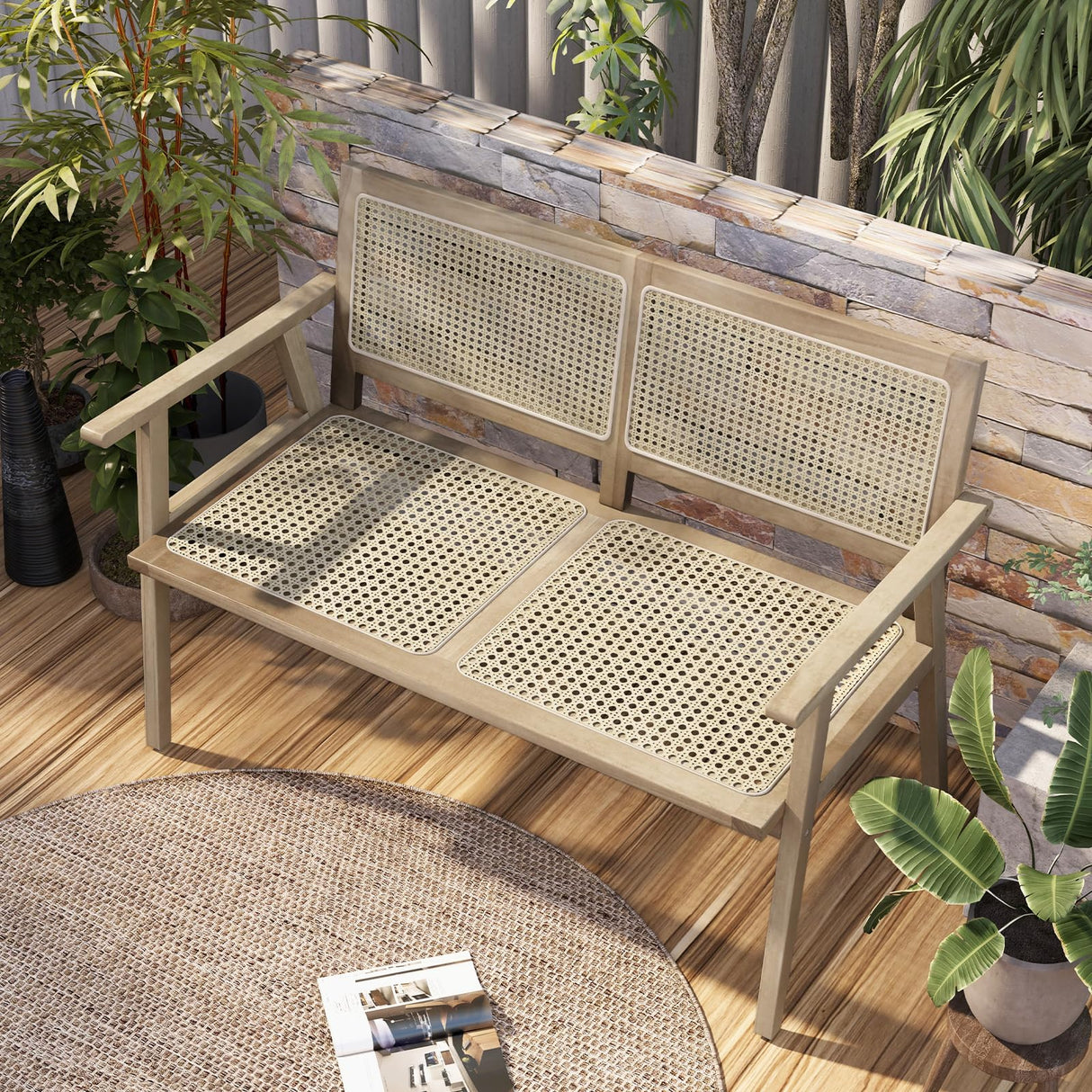 Outdoor Teak Wood Garden Bench, 2-Person Patio Bench with Armrests
