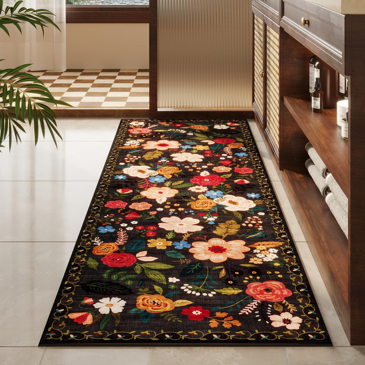 Rugcomf Runners for Hallways Kitchen Runner Rug Non Slip 2'x 10' Long Washable Runner Rugs with Rubber Backing Soft Floral Carpet Runner for Hallways, Kitchen, Laundry, Bedroom, Bathroom(Black)