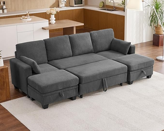 Modular Sofa with Pull Out Bed, Corduroy Sectional Convertible U-Shaped Sleeper