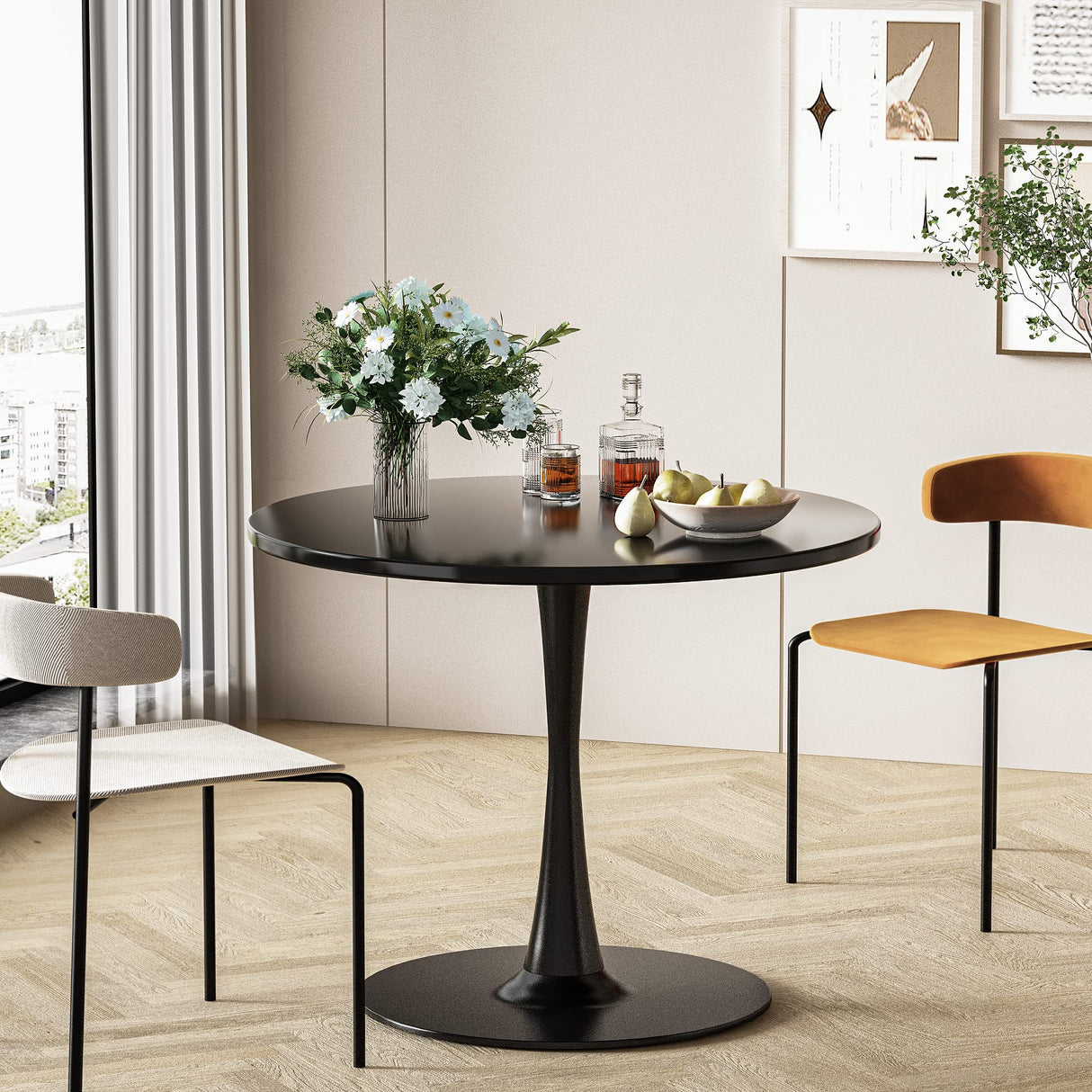 Modern Round, 31.5'' Tulip MDF Top & Metal Pedestal Base for Dining Living Room Cafe,