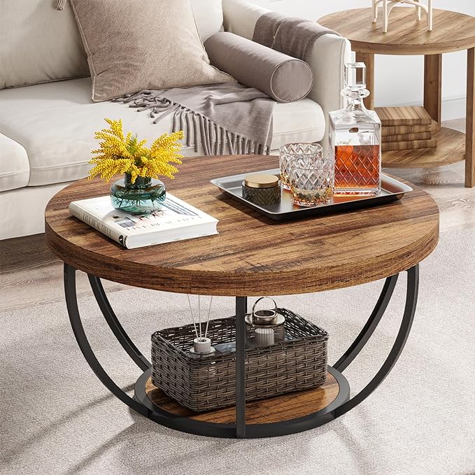 Tribesigns Modern Coffee Table, 2 Tier Round Coffee Table with Faux White Marble and Golden Metal Legs,