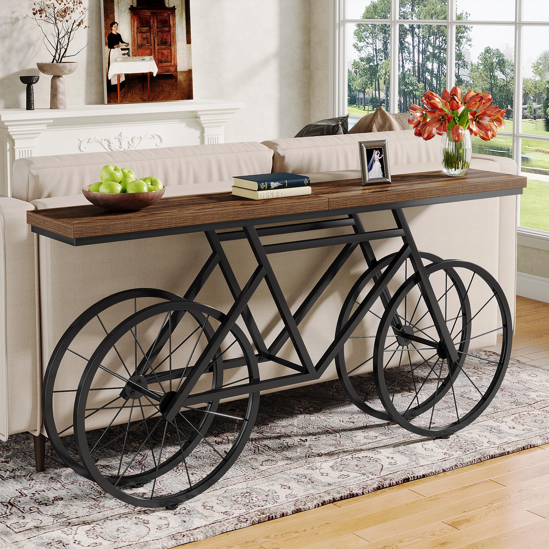 70.9-Inch Extra Long Console Table, Narrow Sofa Table with Bicycle Metal Base,