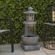 DIG370 31" Outdoor Zen Pagoda Water Fountain with LED Lights & Illuminated Stone Bowl