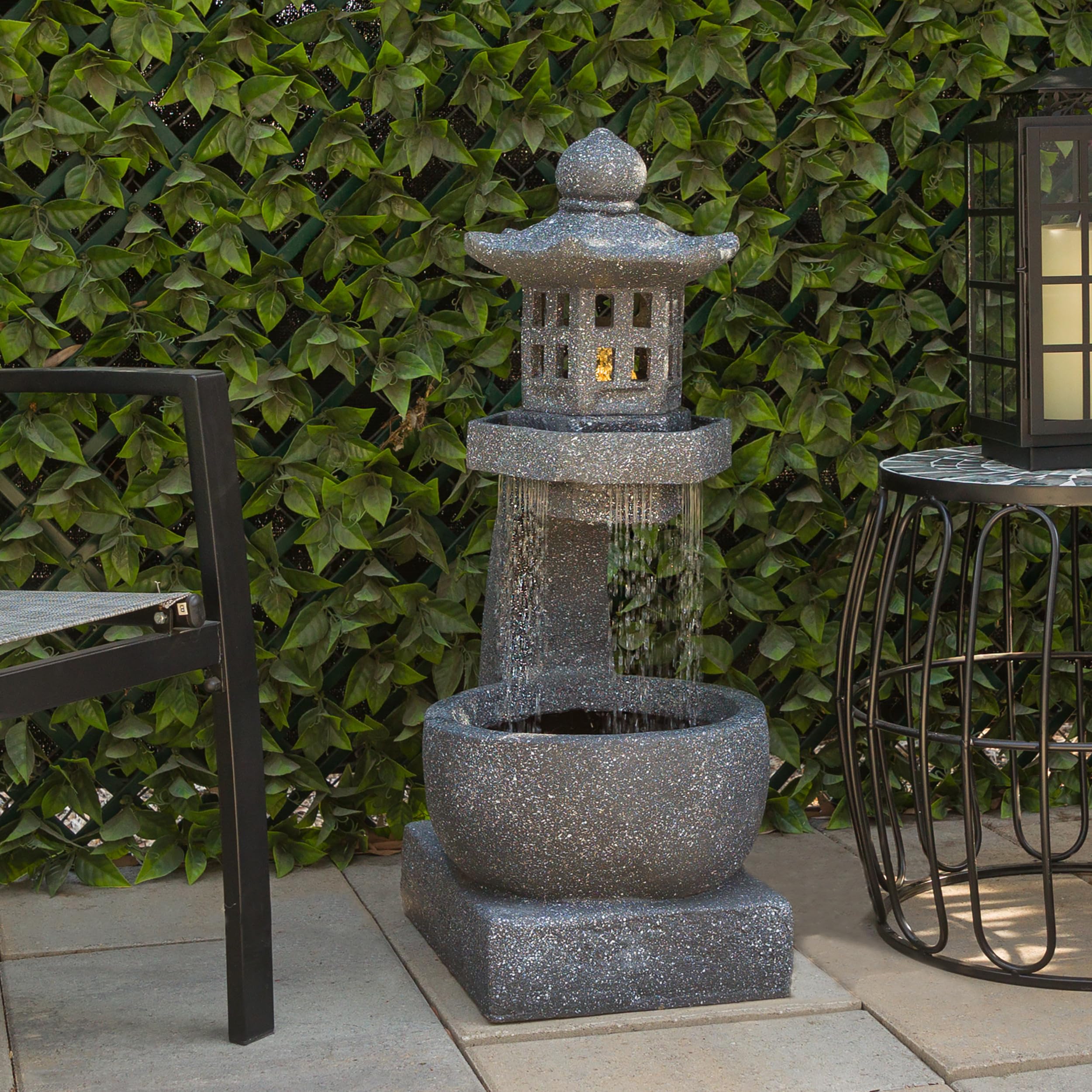 DIG370 31" Outdoor Zen Pagoda Water Fountain with LED Lights & Illuminated Stone Bowl