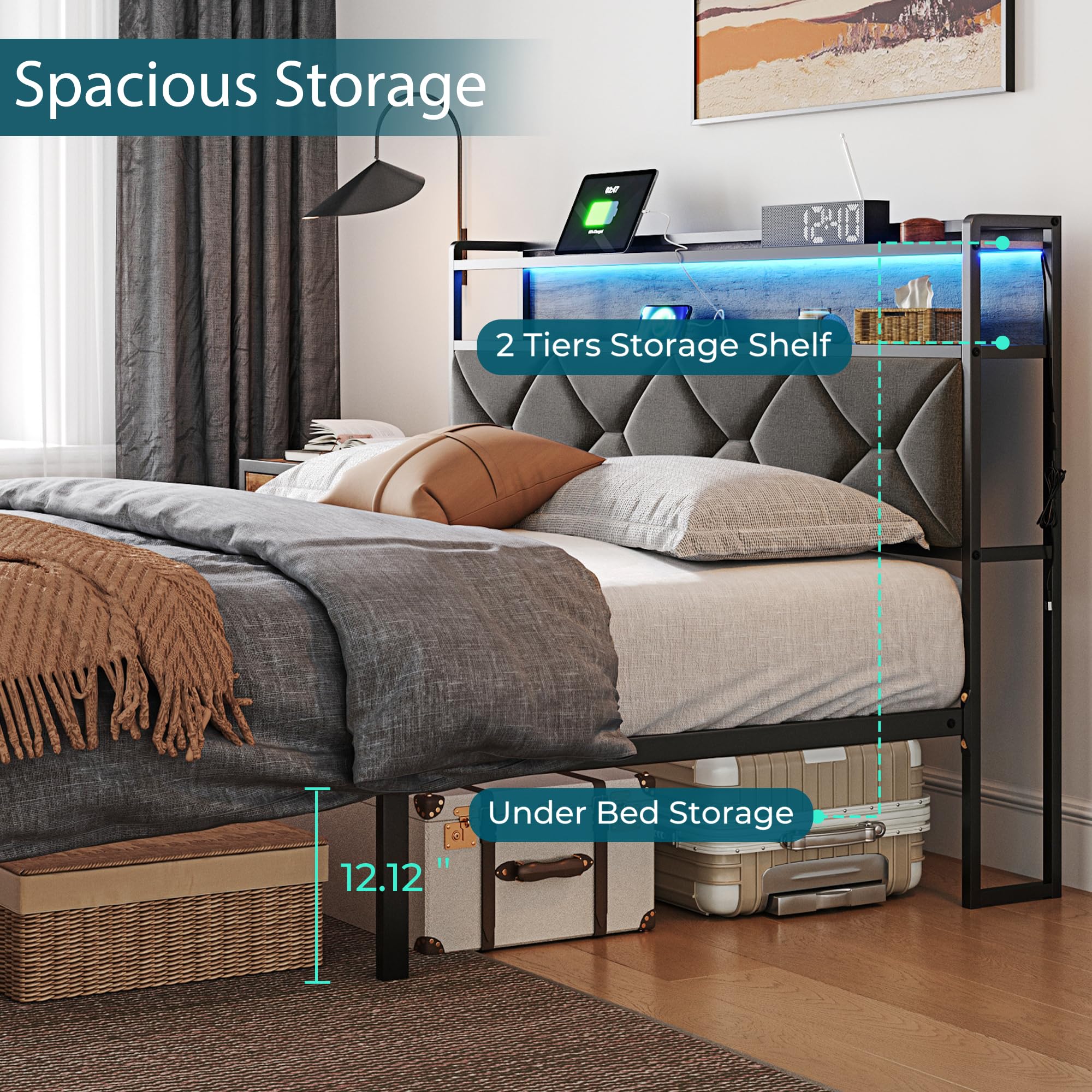 LINSY Full Bed Frame with Storage Headboard, Upholstered Platform Frame with LED and Charging Station, Metal Full Size Bed Frames, No Box Spring Needed, Easy Assembly, Rustic Grey