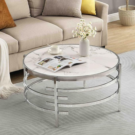 Coffee Table Marble Stone Silver Living Room Table Modern Round Sofa Side Table