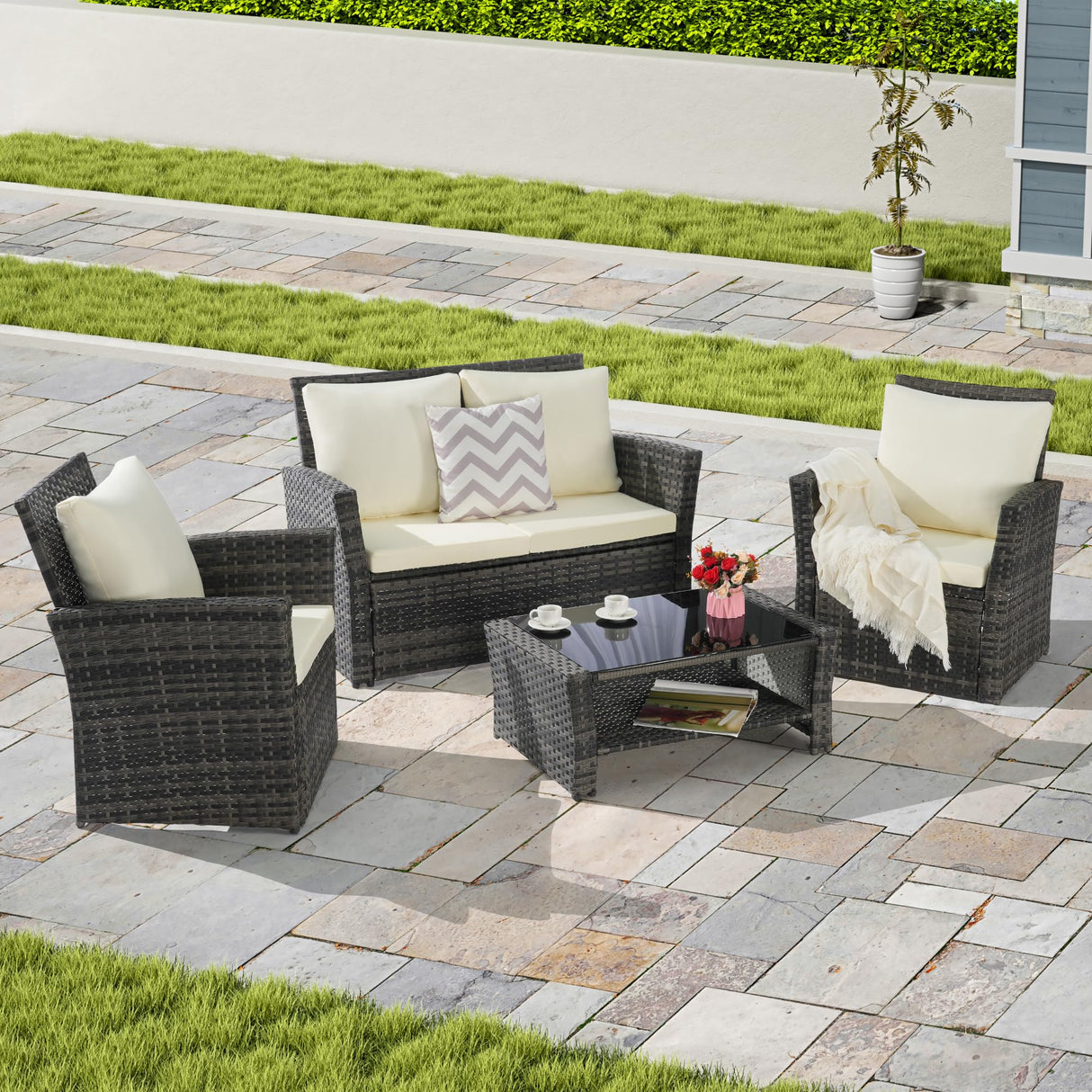 4 Pieces Outdoor Patio Furniture Set with Rattan Chairs and Tempered Glass Table