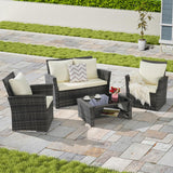 4 Pieces Outdoor Patio Furniture Set with Rattan Chairs and Tempered Glass Table