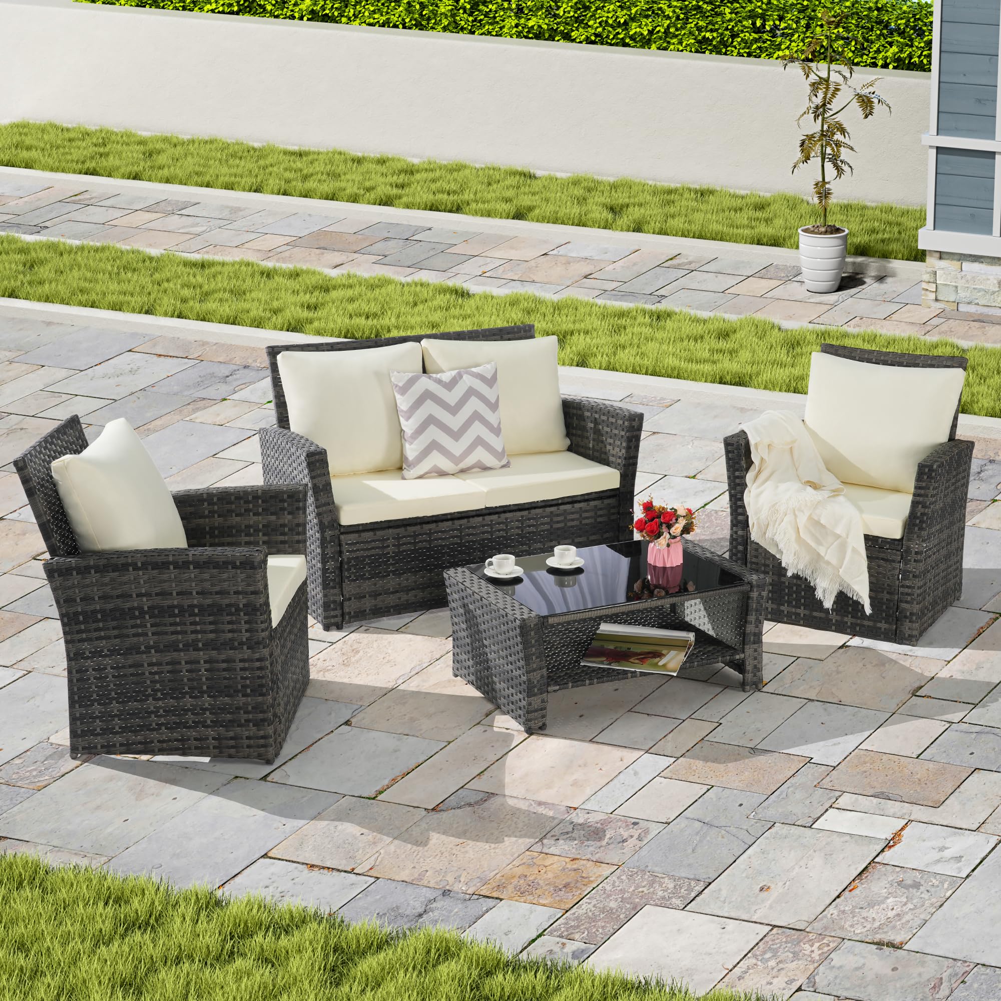 4 Pieces Outdoor Patio Furniture Set with Rattan Chairs and Tempered Glass Table