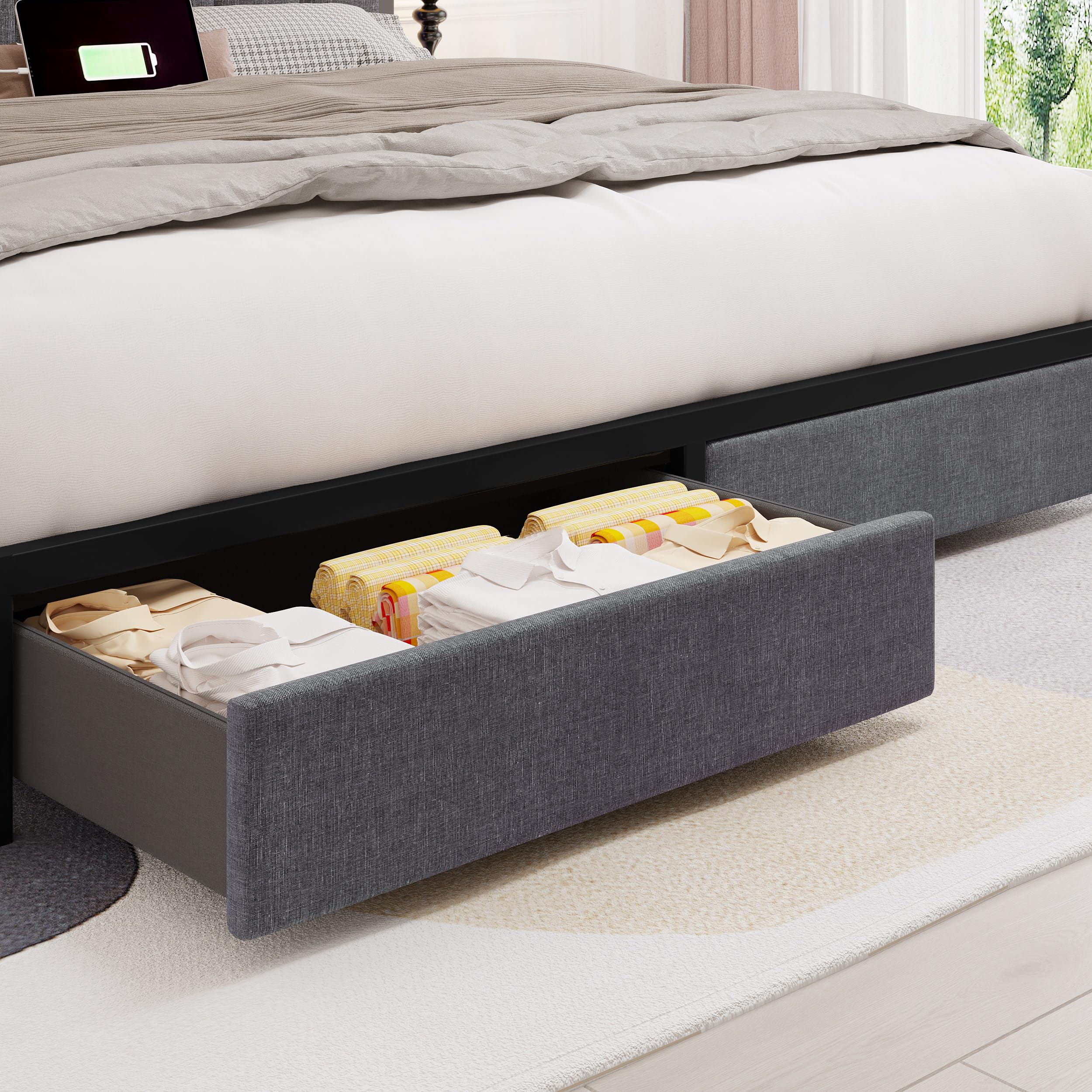 Fastroby LED Bed Frame Queen Size with Storage, Upholstered Queen Bed Frame with 2-Tier Charged Headboard and Drawers, 6-Side-Storage, Dark Grey