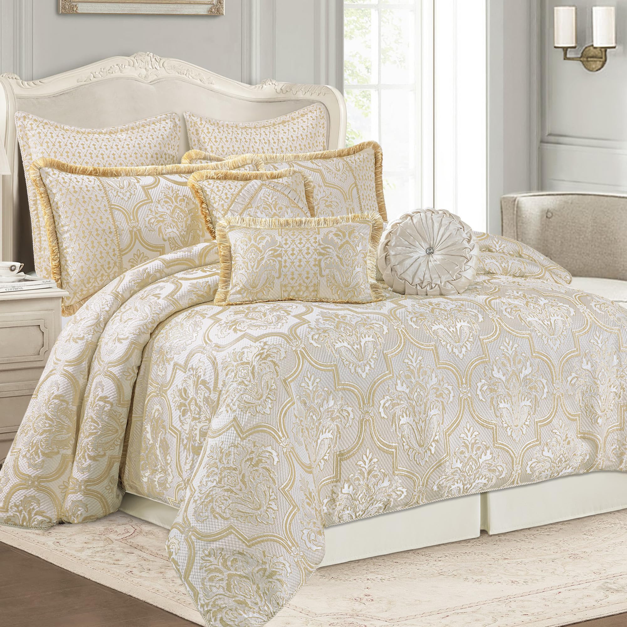 9-Piece Damask Floral Comforter Set - Queen Size Jacquard Bedding with Bed Skirt & Shams