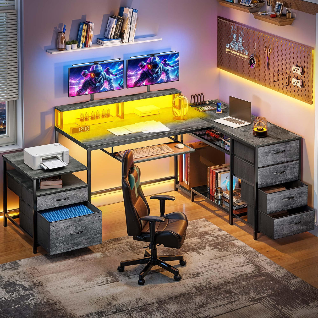 L Shaped Desk with Drawers, 71" Computer Desk with Power Outlet &