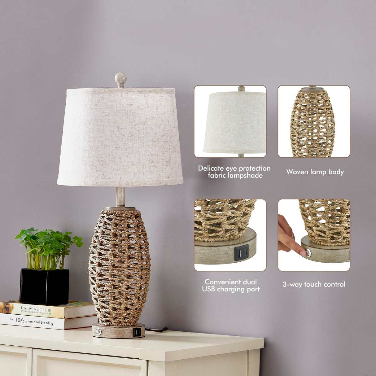 27” Natural Rattan Table Lamps Set of 2,Touch Switch,3-Way Dimmable Bedside Lamps