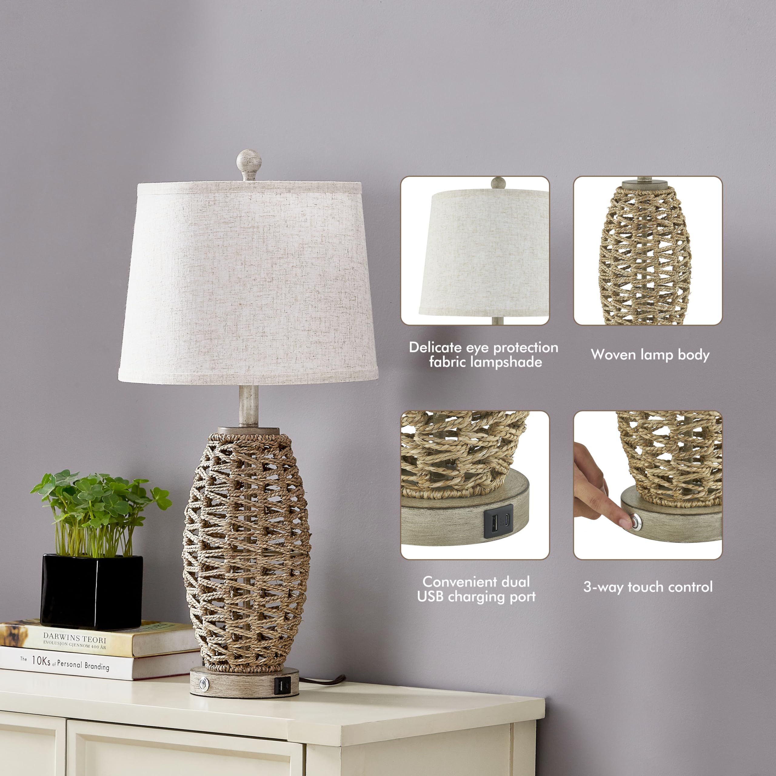 27” Natural Rattan Table Lamps Set of 2,Touch Switch,3-Way Dimmable Bedside Lamps