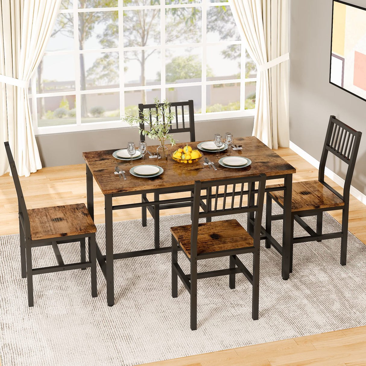 47.2 Inch Dining Table Set for 4,Industrial Table with 4 Curved Chairs Set