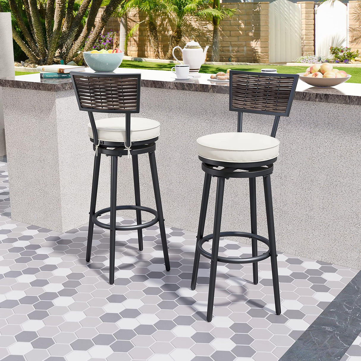 Patio Bar Stools Outdoor Swivel Bar Height Stool Chairs Set of 2