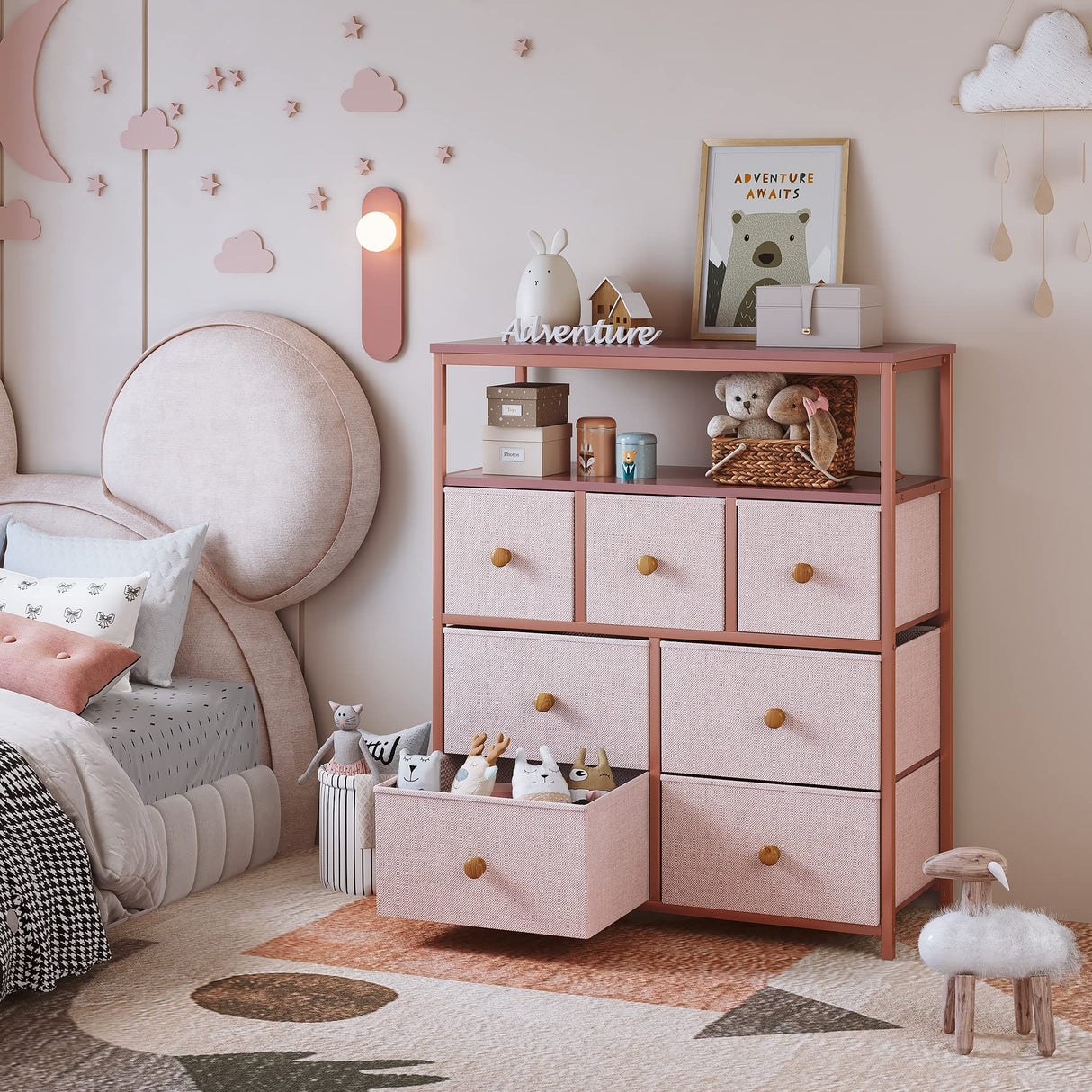 Pink Dresser, Dresser for Bedroom with 7 Drawers, Chests of Drawers & Fabric Dresser