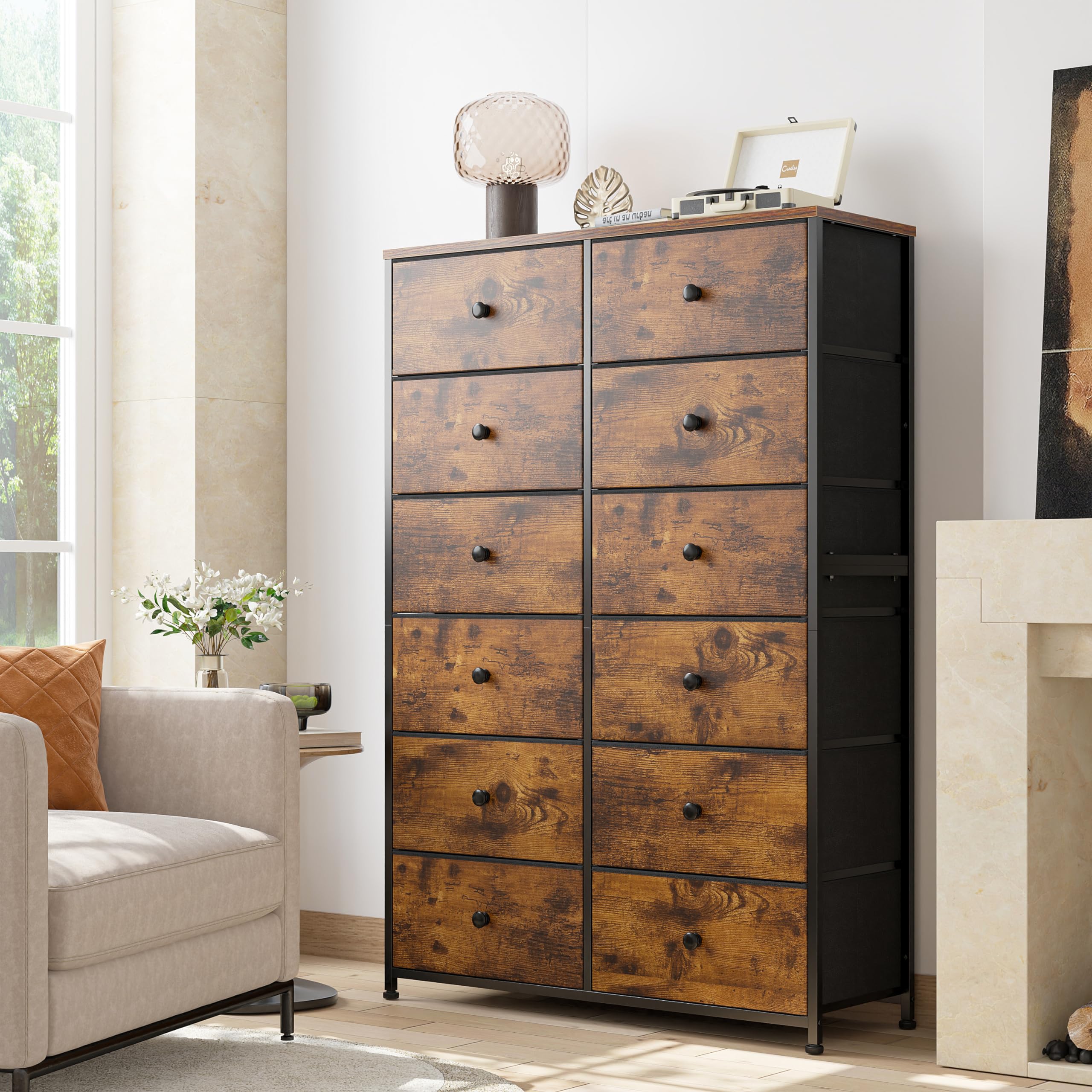 12 Drawer Dresser with Wooden Top and Metal Frame