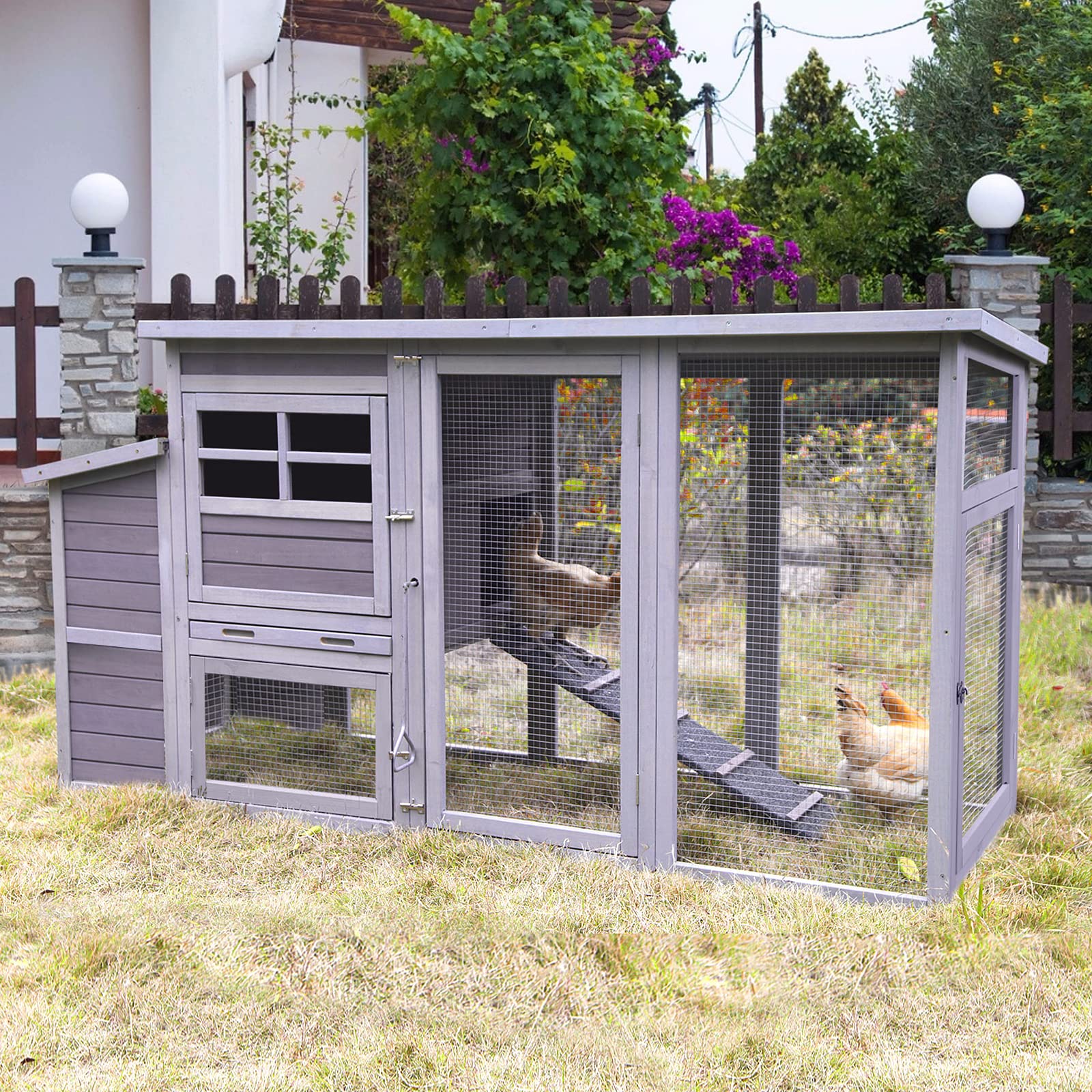 Aivituvin Outdoor Wooden Chicken Coop Hen House, Multi-Level Poultry Cage w/Ramps, Run, Nesting Box, Removable Tray, Weather-proof Chicken Cage Large