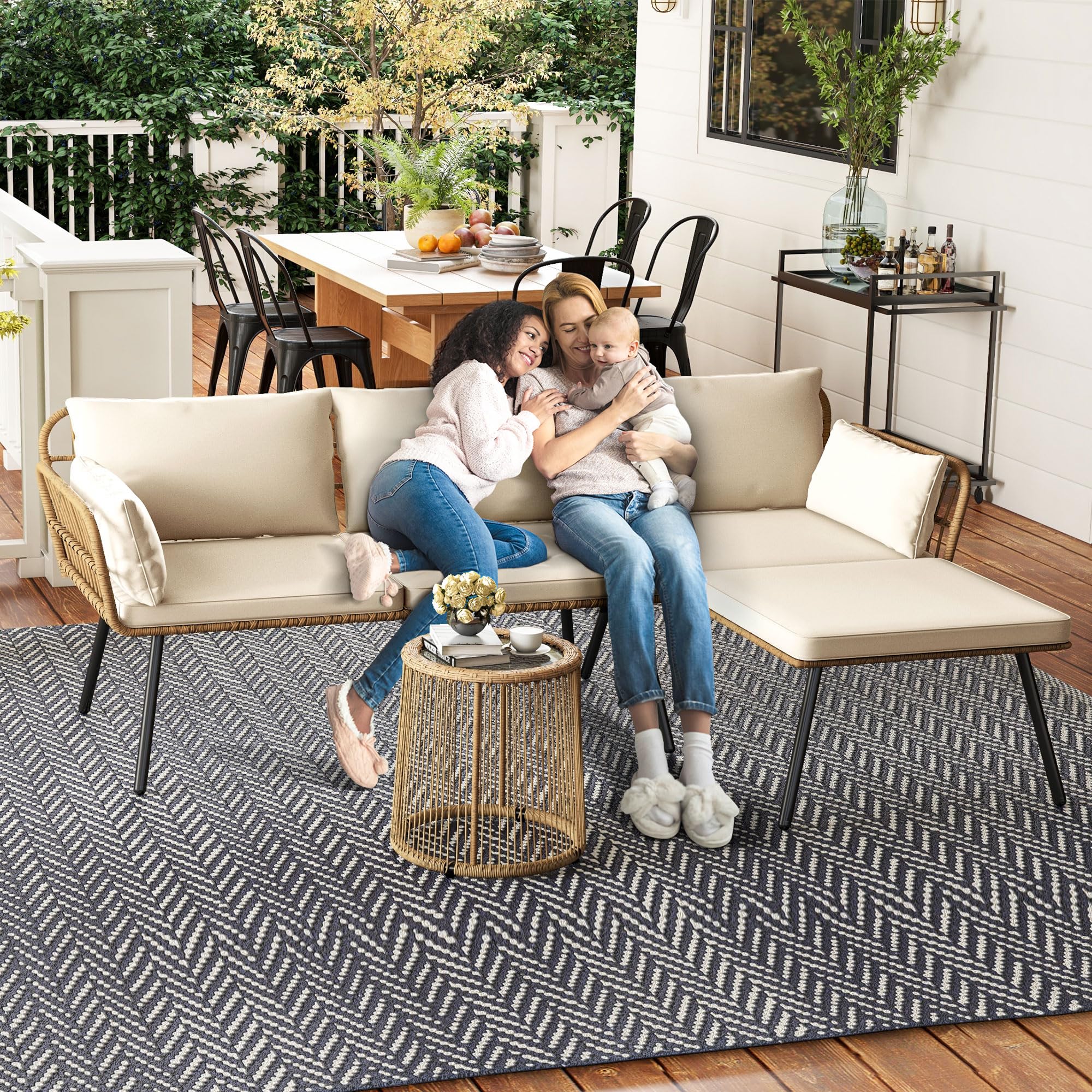 3 Pieces Patio Furniture Set, Wicker Conversation Sectional Sofa, L-Shaped Sofa