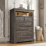 Farmhouse 6 Drawer Dresser for Bedroom LED Light & Power Outlets, 48" H Wood Dressers