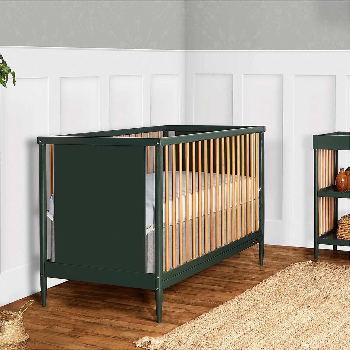 Clover 4-in-1 Modern Island Crib with Rounded Spindles in Olive, Convertible Crib, Mid-Century Meets Modern, Coordinates with The Clover Changing Counter