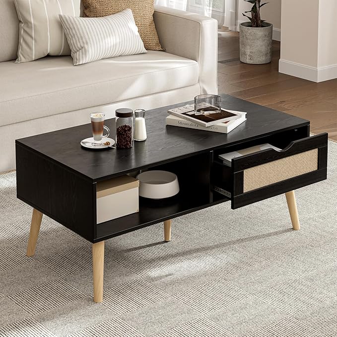 Coffee Table with Storage, Boho Dining Table with Sliding Rattan Door Panel