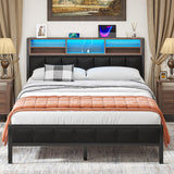 Queen Metal Bed Frame with Wooden Headboard and LED Charging Station