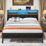 Queen Metal Bed Frame with Wooden Headboard and LED Charging Station