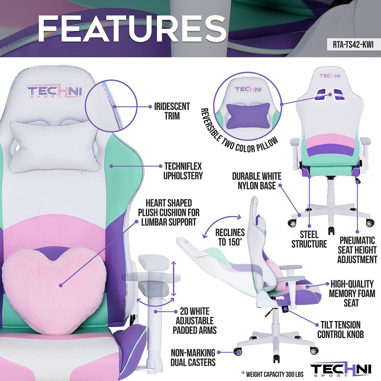 Kawaii Gaming Chair - Ergonomic Office Chair with Memory Foam Lumbar Support