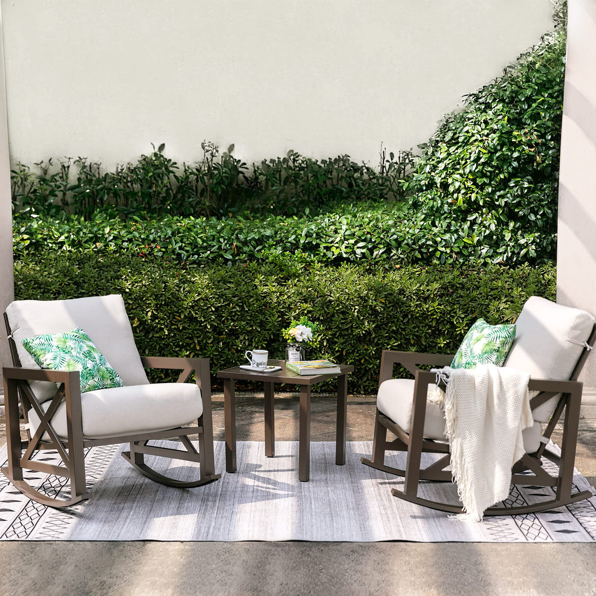 NATURAL EXPRESSIONS Rocking Bistro Set, 3 Piece Outdoor Patio Conversation Furniture Set with 2 Rockers and 1 Metal Coffee Table with Thick Cushions for Backyard,Porch,Poolside,300lbs