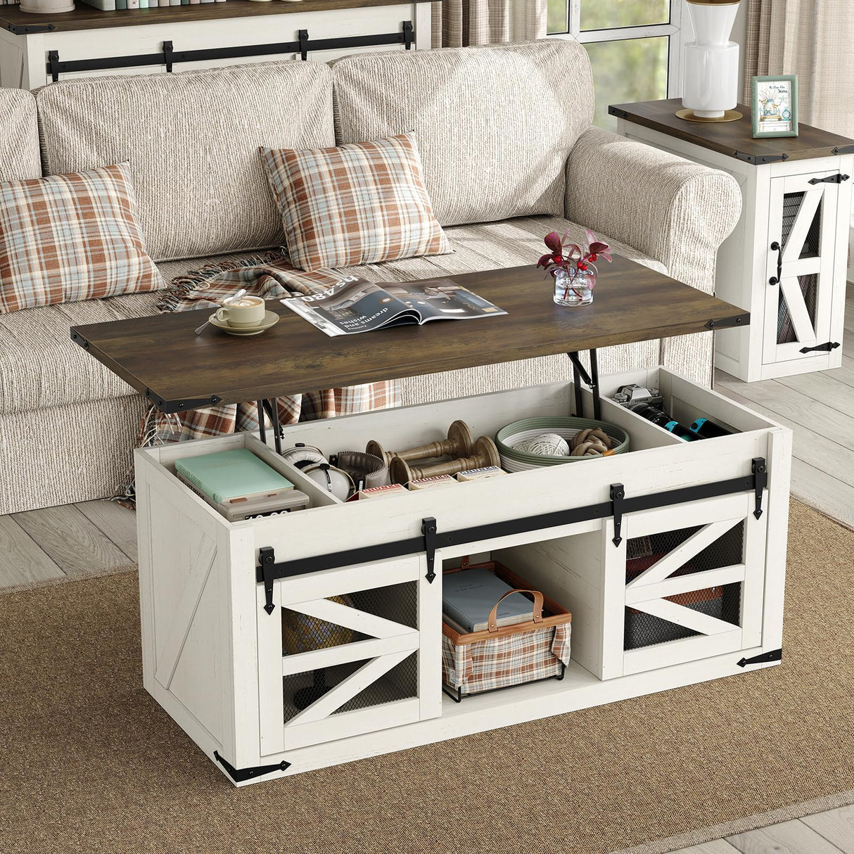 Lift Top Coffee Table with Storage, 47.3'' White Farmhouse Center Table