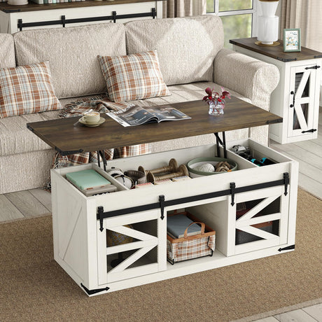 Lift Top Coffee Table with Storage, 47.3'' White Farmhouse Center Table