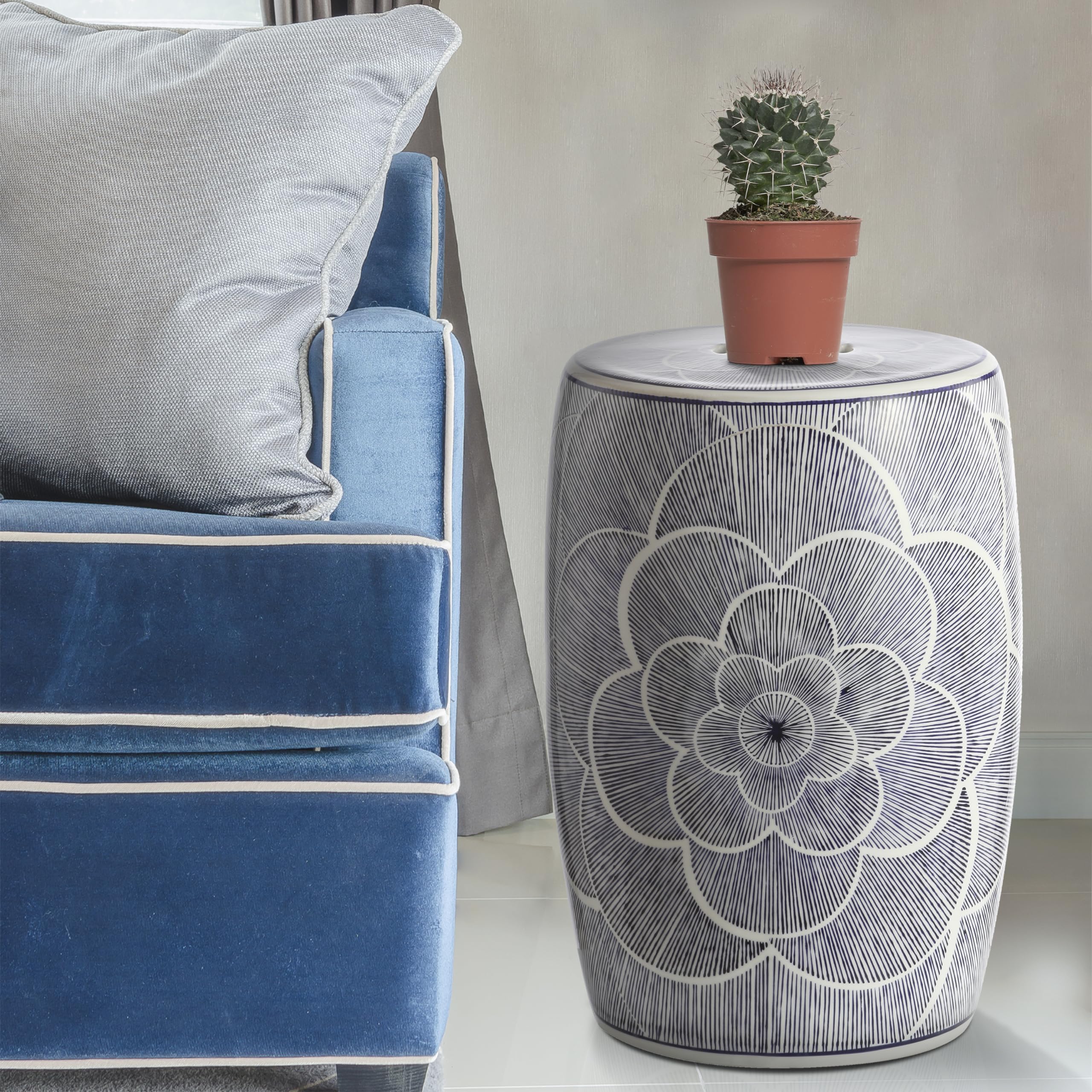 Camellia 17" Ceramic Drum Garden Stool, Stylized Flower on White Background, Coastal, Contemporary,