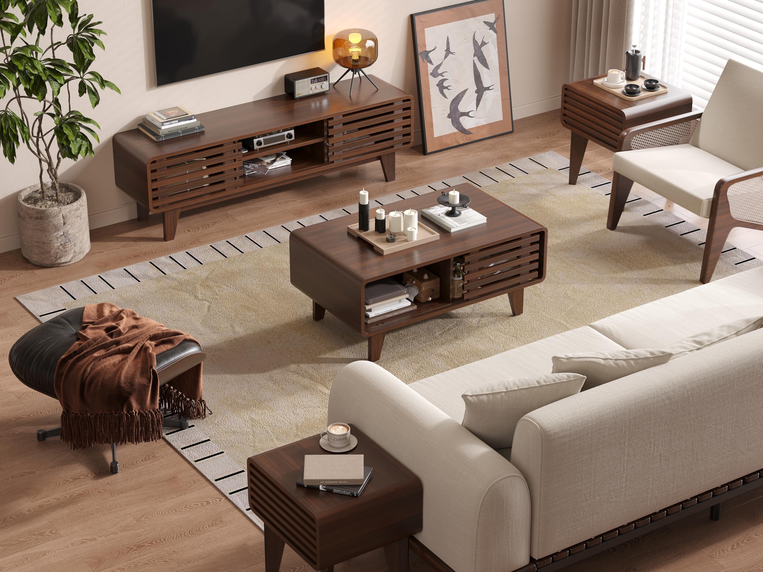 60-Inch Mid Century Modern TV Stand with Sliding Doors