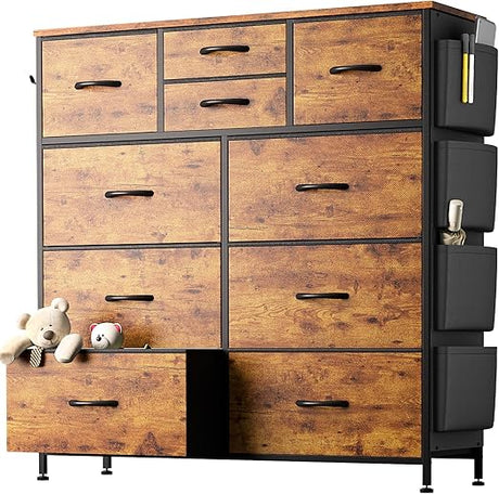 Dresser for Bedroom with 10 Drawers, Chest of Drawers with Side Pockets, Hooks