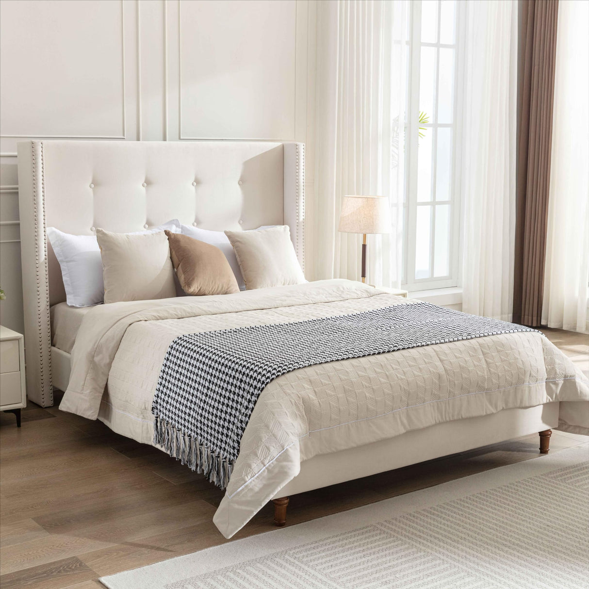 Upholstered Bed Frame, 54" High Headboard with Nailhead Trim Wingback