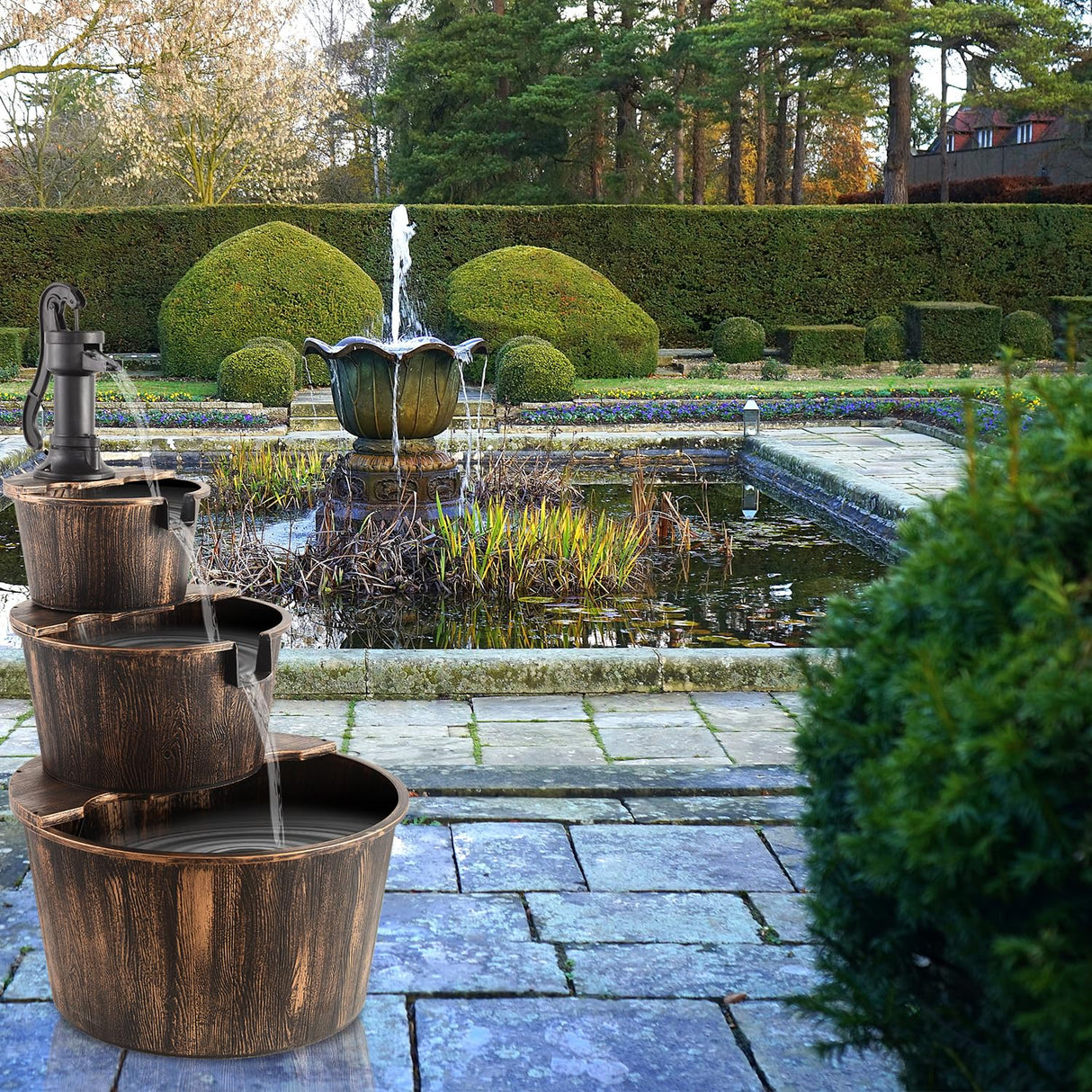 40-Inch 3 Tier Barrel Waterfall Fountain Outdoor Water Fountains Barrel Wood 3-Tier Freestanding Rustic Pump