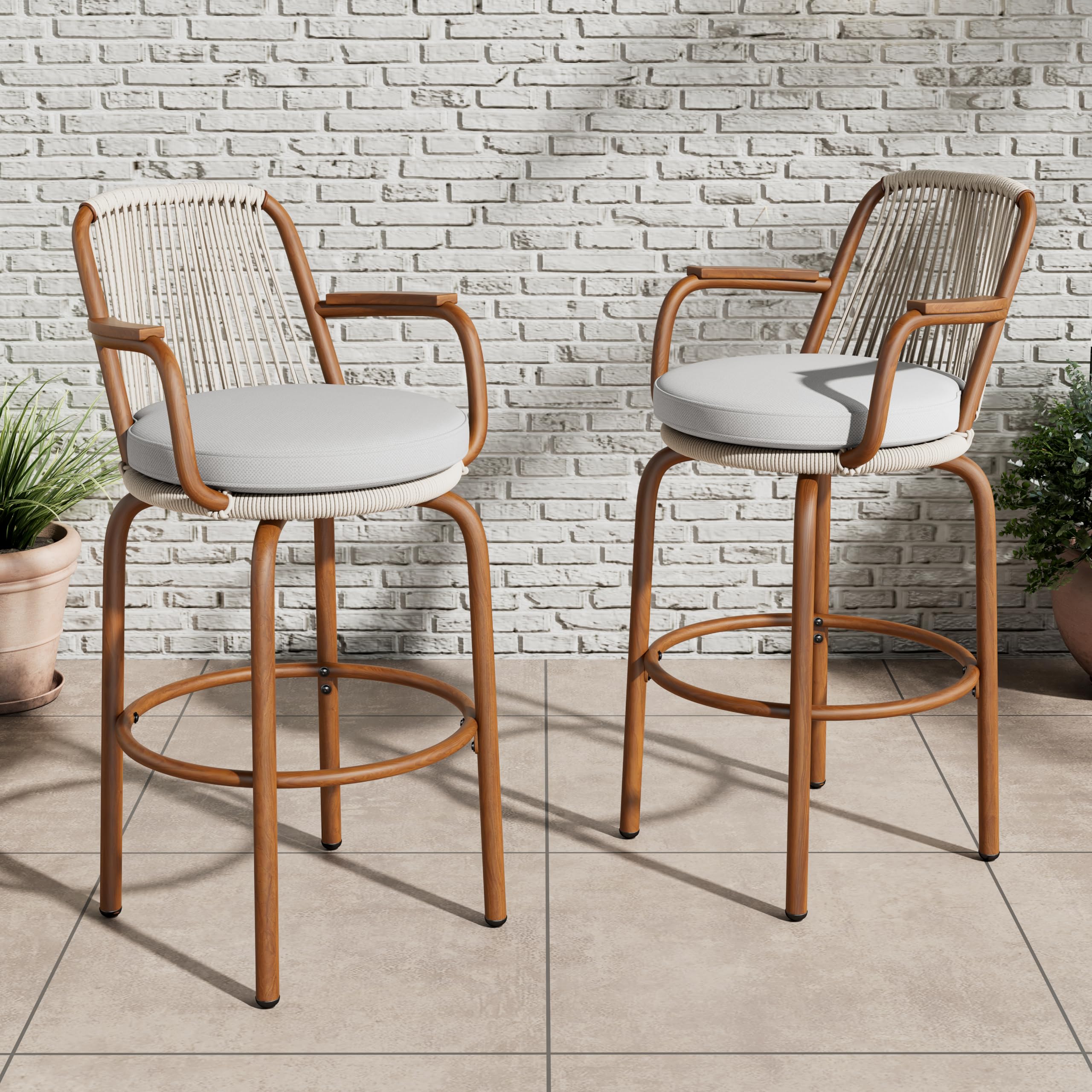 Outdoor Patio Bar Stools Set of 2, 29" H Modern Woven Rattan Rope Bar Height Chair