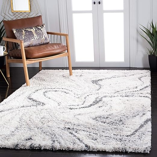 Fontana Shag Area Rug 10' x 14' Ivory Green Modern Non-Shedding
