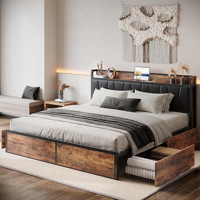 Queen Bed Frame with 4 Storage Drawers, Platform Bed