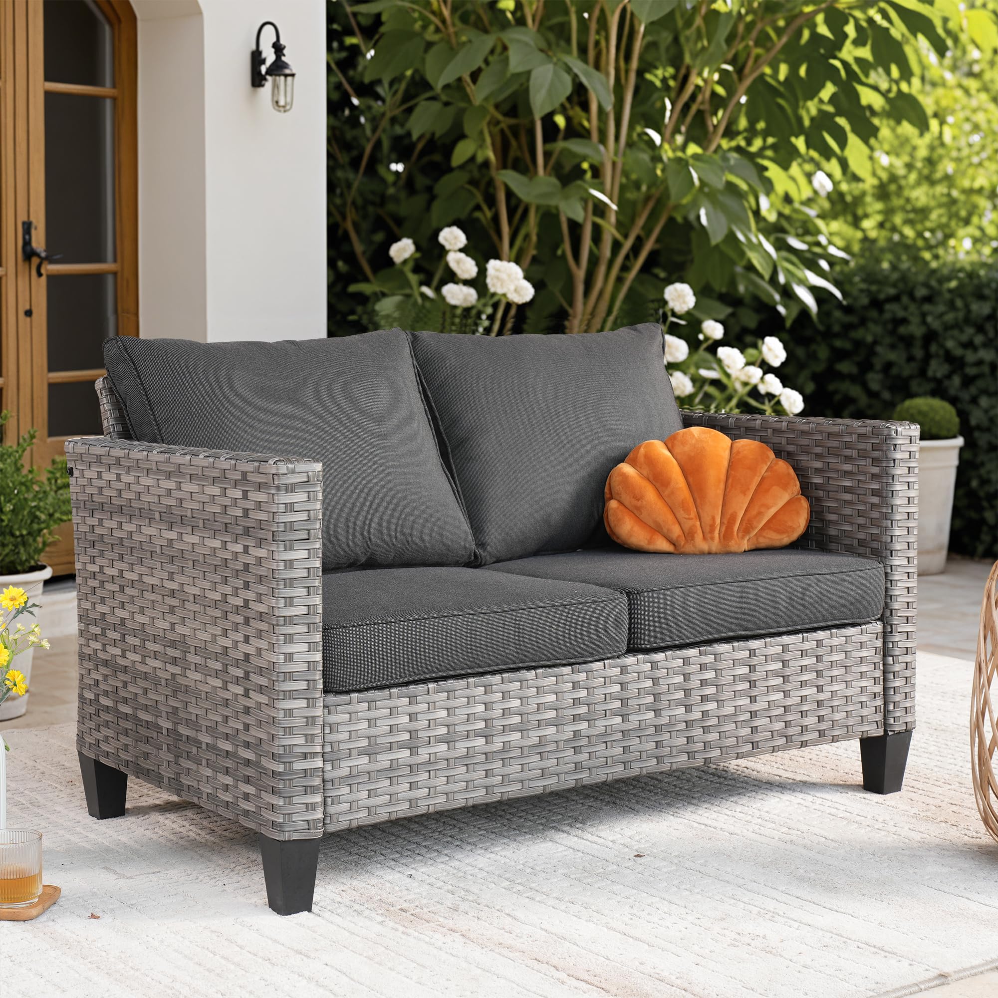 Patio Loveseat, 2-Seater Outdoor Wicker Sofa Couch with Comfy Cushions