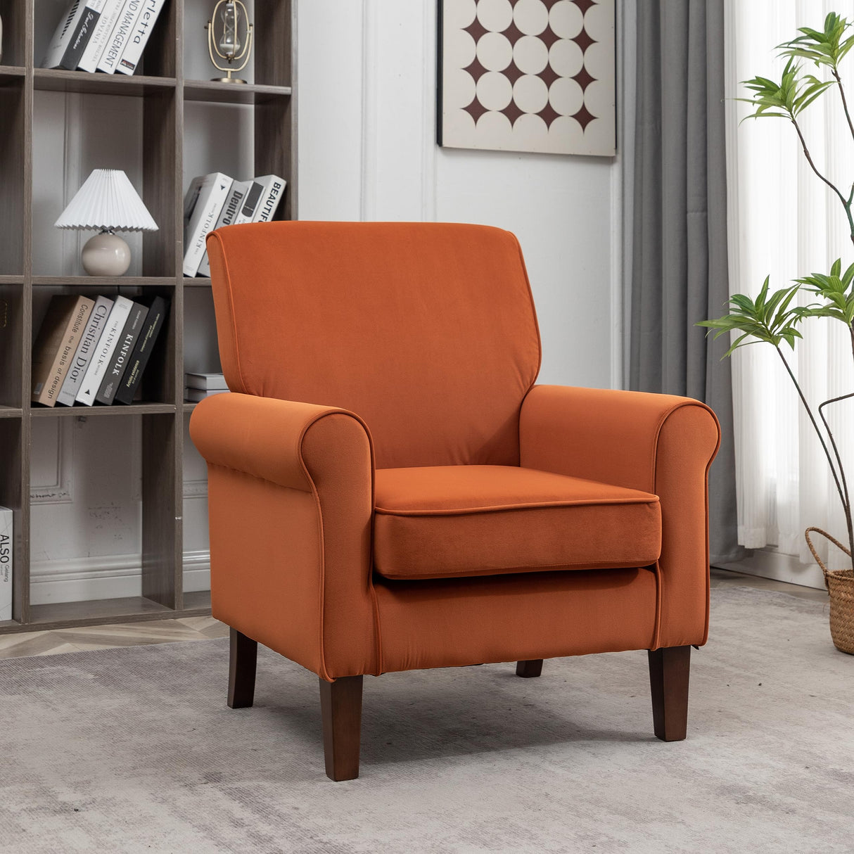 Traditional Arm Chairs for Living Room, Bedroom, and Office, Accent Armchair Featuring Birch Wood Frame and Elegant Curved Armrests, Orange