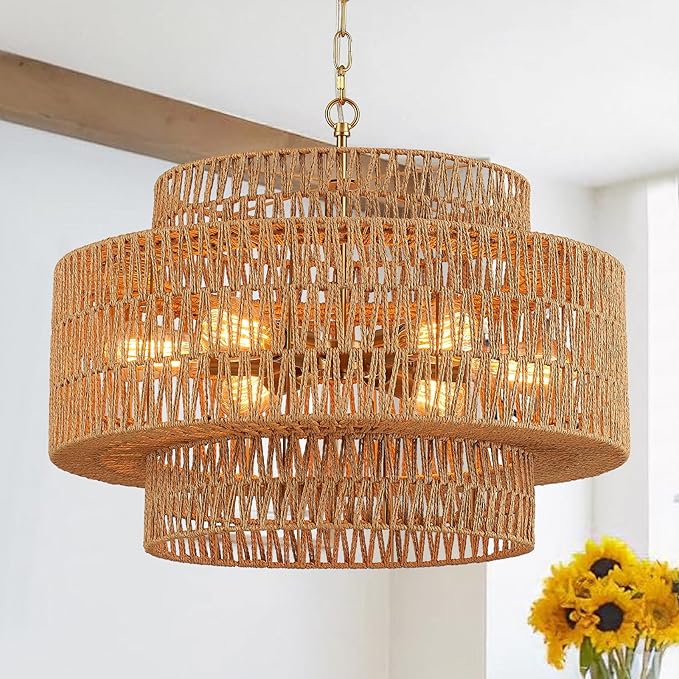 Widluth Hand-Woven Rattan Chandelier Vintage 6-Light Farmhouse Boho Bamboo Chandeliers Light Fixture 23.6" Retro 3-Tier Drum Wicker Rattan Black Chandelier for Dining Room, Kitchen Island, Bedroom
