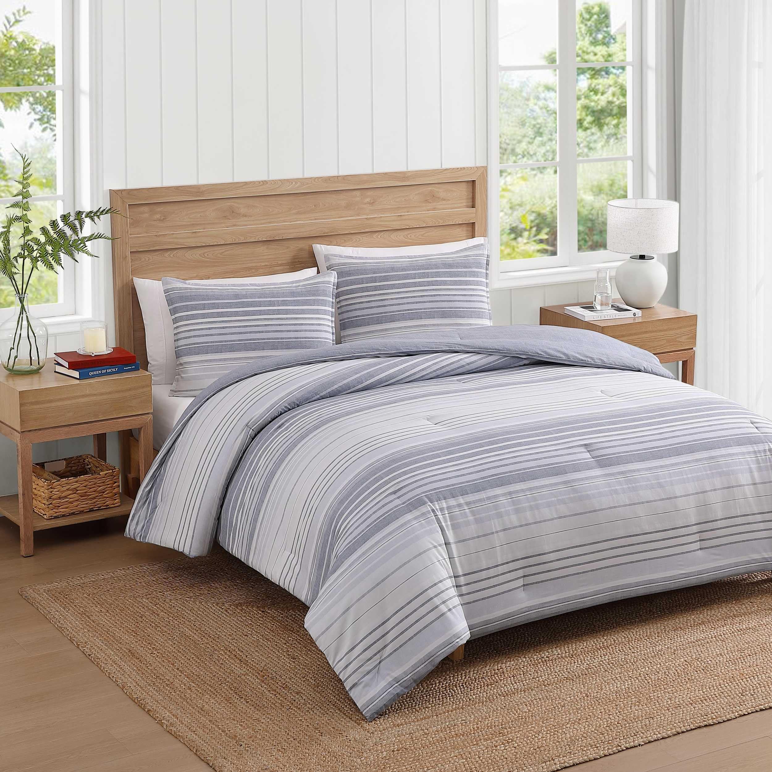 Cotton Textured Comforter Set - Bold Stripe Grey