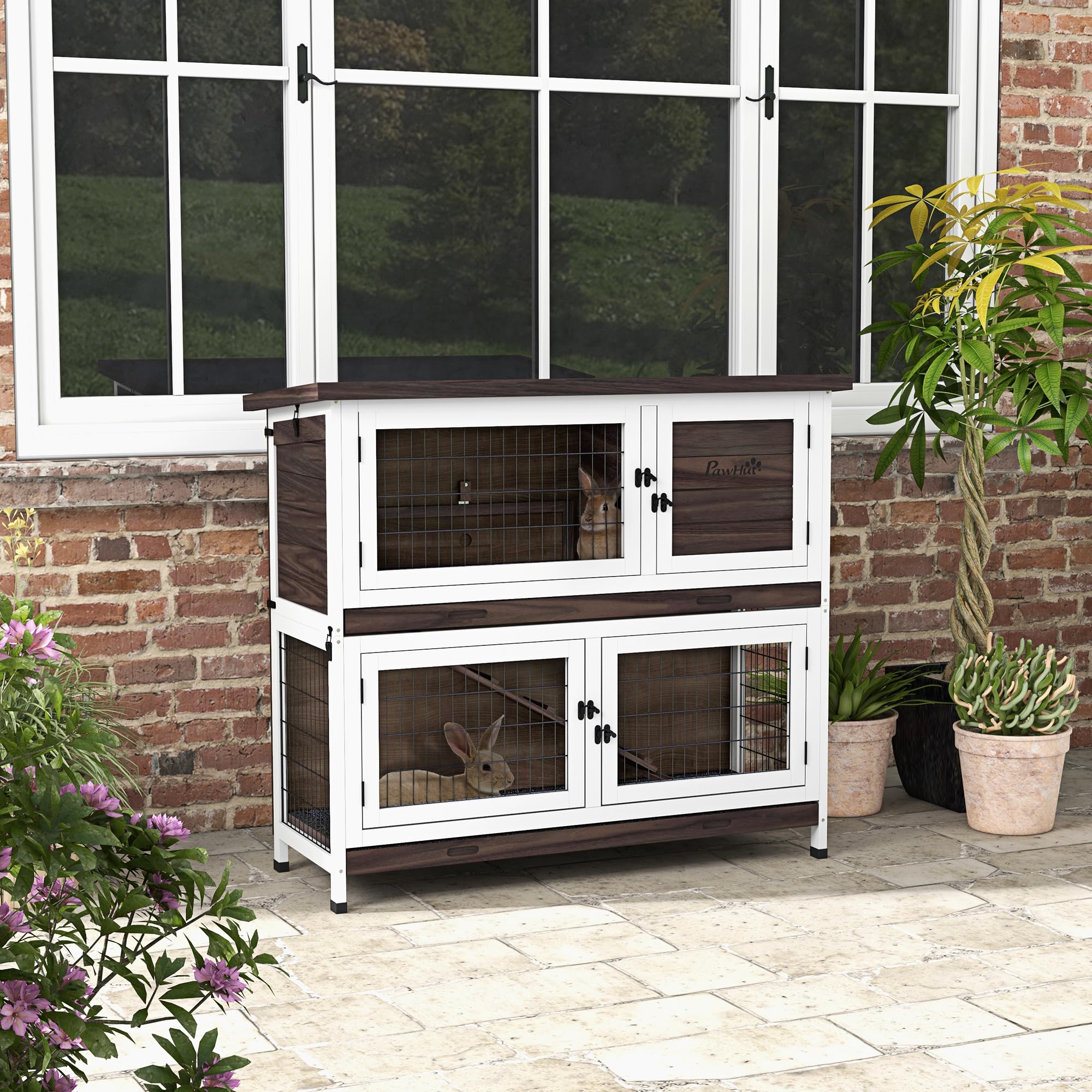 Rabbit Hutch, Outdoor 2-Tier Rabbit Cage, 46" Wooden Guinea Pig Cage