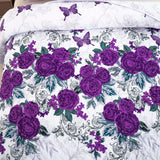 Floral Quilt Set Queen Size Elegant Purple Rose Bedding Bedspreads 3 Pieces